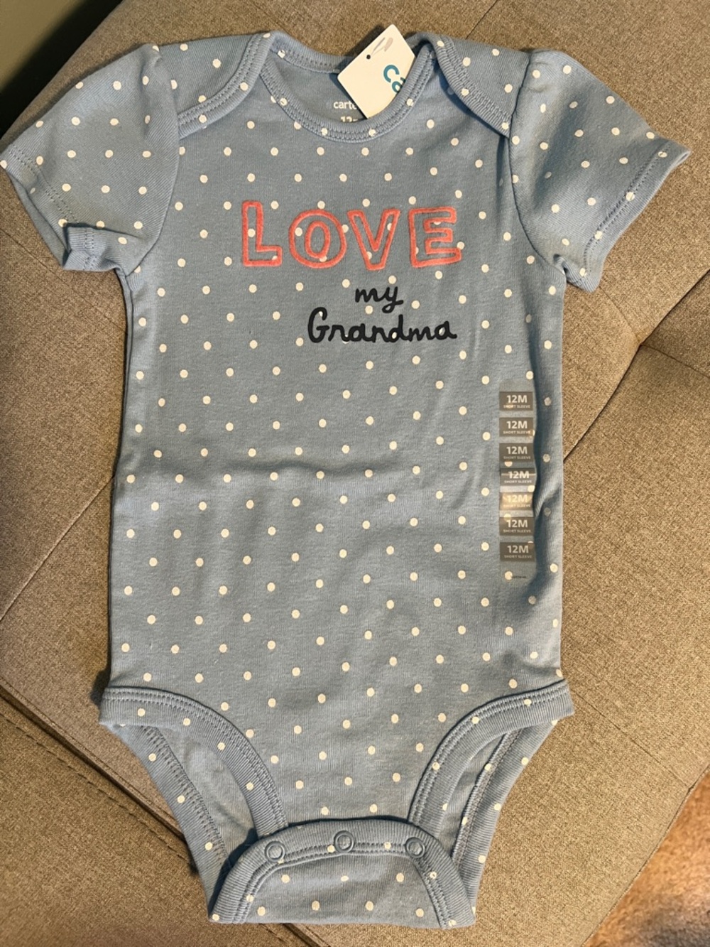 NWT Carter's Blue Polka Dot 'LOVE my Grandma' Short Sleeve Bodysuit 12 mo